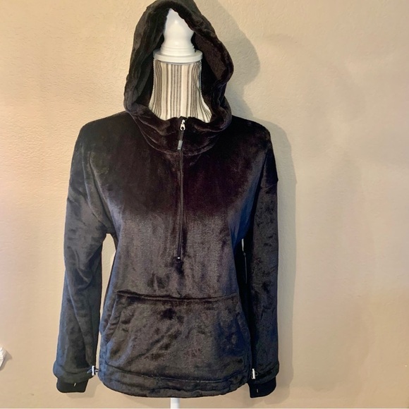 NWT Velour Hoodie Sweatshirt Medium 8/10 Black Super Soft w/ Thumbholes 1/4 Zip - Picture 1 of 16